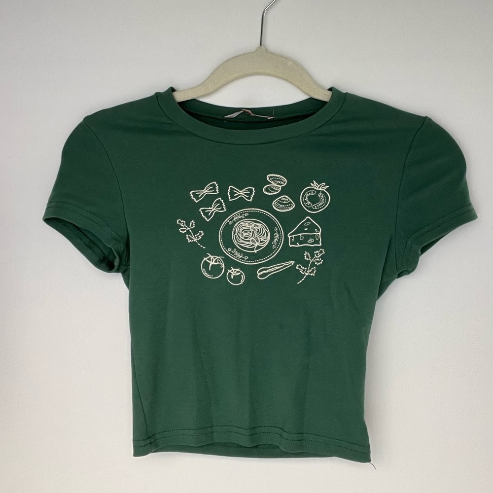 Forest Green Graphic Baby Tee with Pasta & Tomato Print